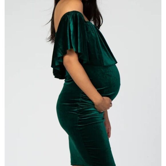 Pinkblush My Bump Forest Green Velvet Off Shoulder Ruched Fitted Maternity Dress - Picture 3 of 10